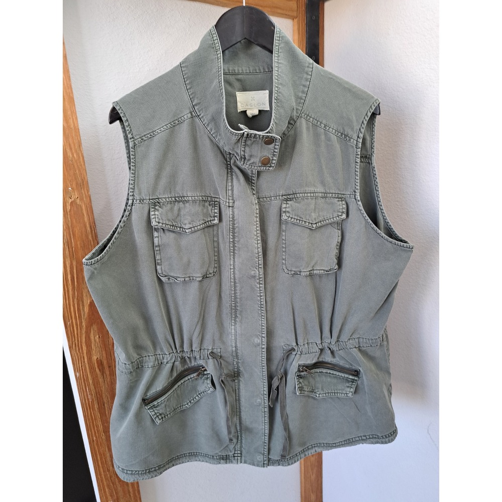 Caslon Womens 2X Olive Green Utility Vest Drawstring Waist Full Zip Pockets